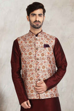 Thumbnail for Raivat Ethnic Art Banarasi Silk Printed Work 3 Pics Jacket Set In Cream Colour - Distacart