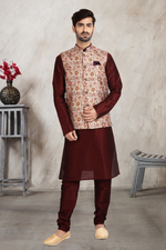 Thumbnail for Raivat Ethnic Art Banarasi Silk Printed Work 3 Pics Jacket Set In Cream Colour - Distacart