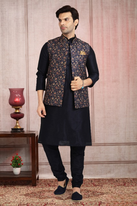 Raivat Ethnic Art Banarasi Silk Printed Work 3 Pics Jacket Set In Blue Colour - Distacart