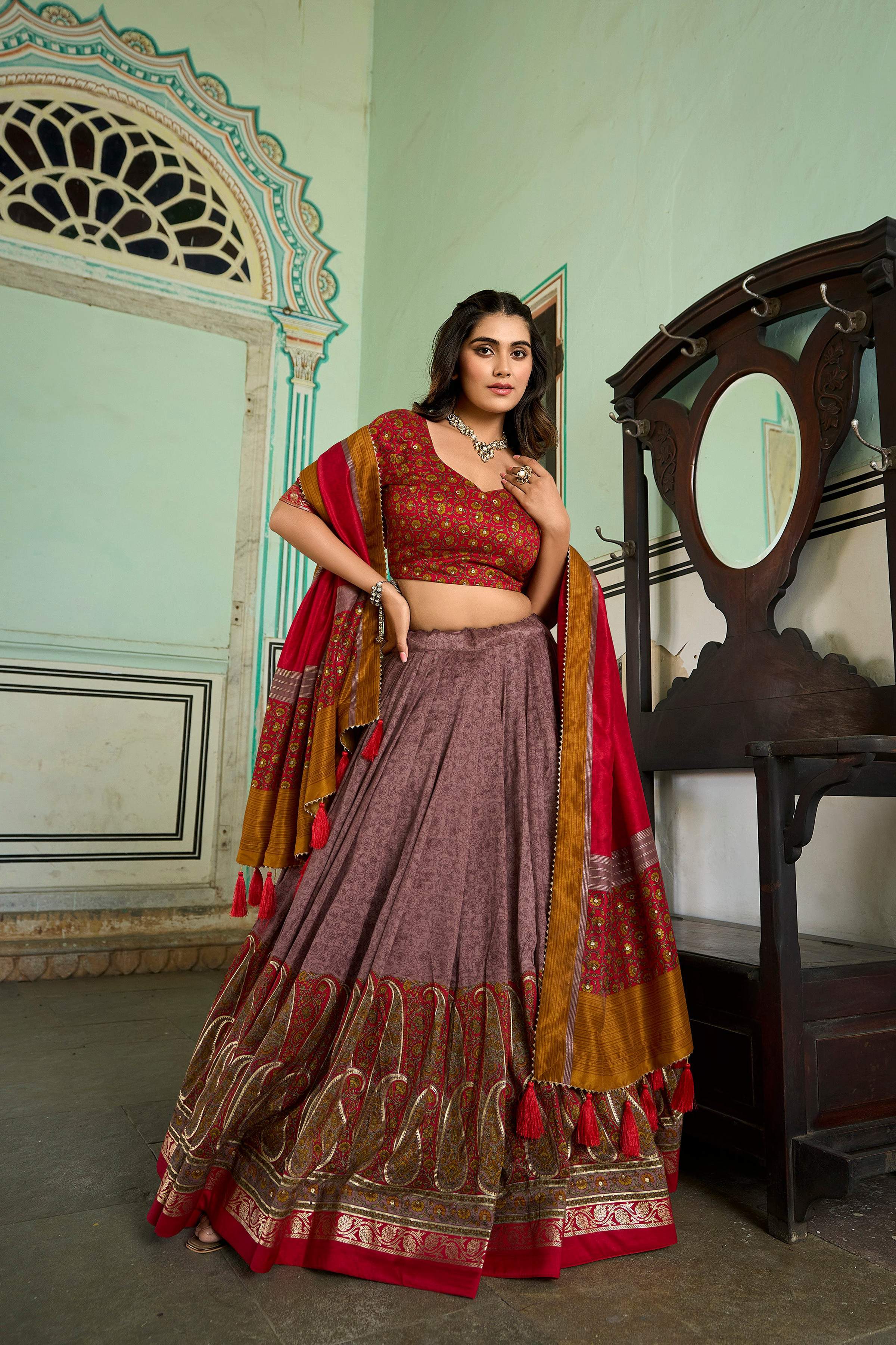 Lorenvalley Fashion Multicolor Tasar Silk Kashmiri Print With Foil Print Lehenga Choli with Dupatta
