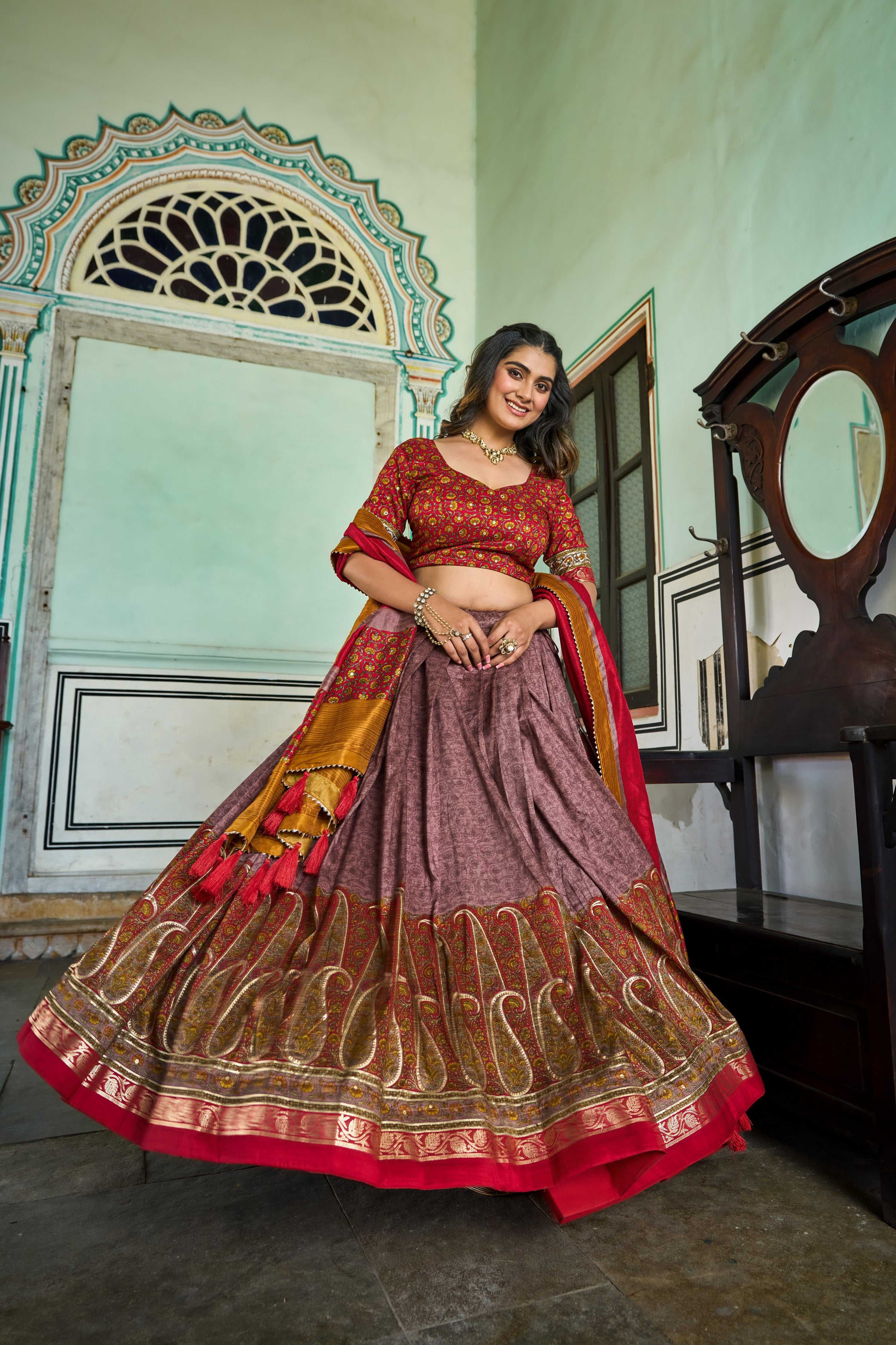 Lorenvalley Fashion Multicolor Tasar Silk Kashmiri Print With Foil Print Lehenga Choli with Dupatta