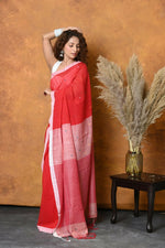 Thumbnail for Very Much Indian Pure Cotton Handloom Saree with Buttis & Sleek Border - Red - Distacart