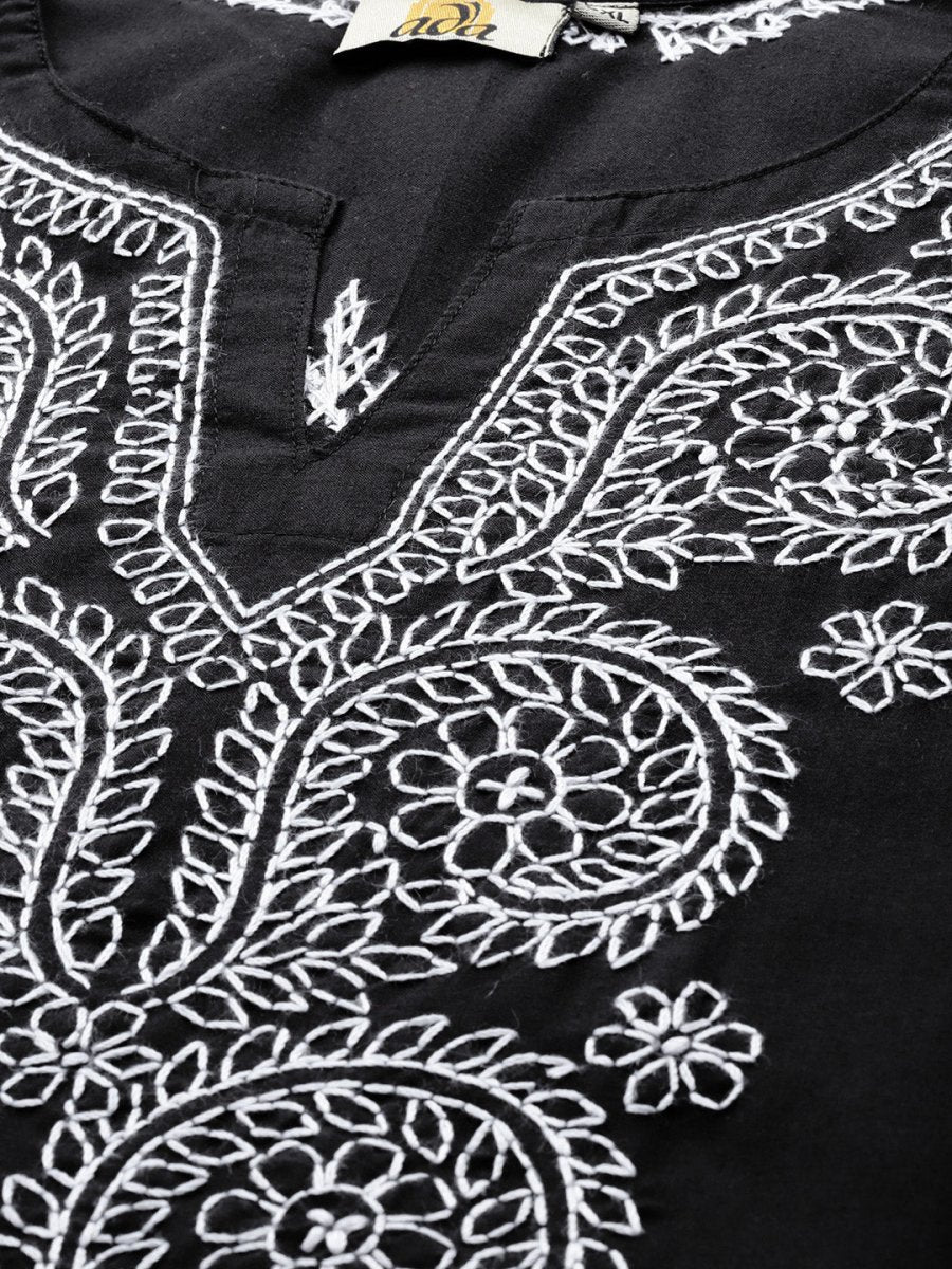 ADA Women Plus Size Black & White Chikankari Hand Embroidered Sustainable Straight Kurta - Distacart