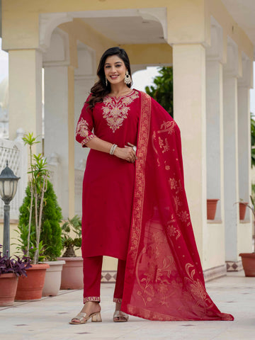 Vedant Vastram Roman Silk Embroidery & Sequence Work Stitched Kurta Pant Dupatta Set-Maroon - Distacart