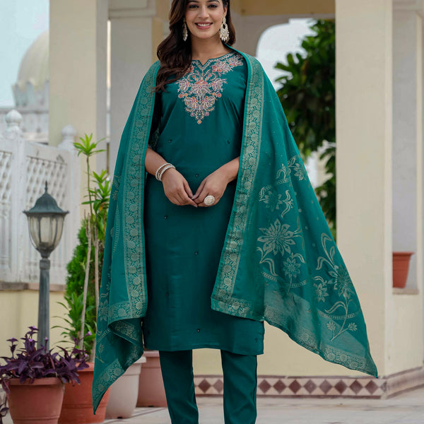 Vedant Vastram Roman Silk Embroidery & Sequence Work Stitched Kurta Pant Dupatta Set-Rama Green - Distacart