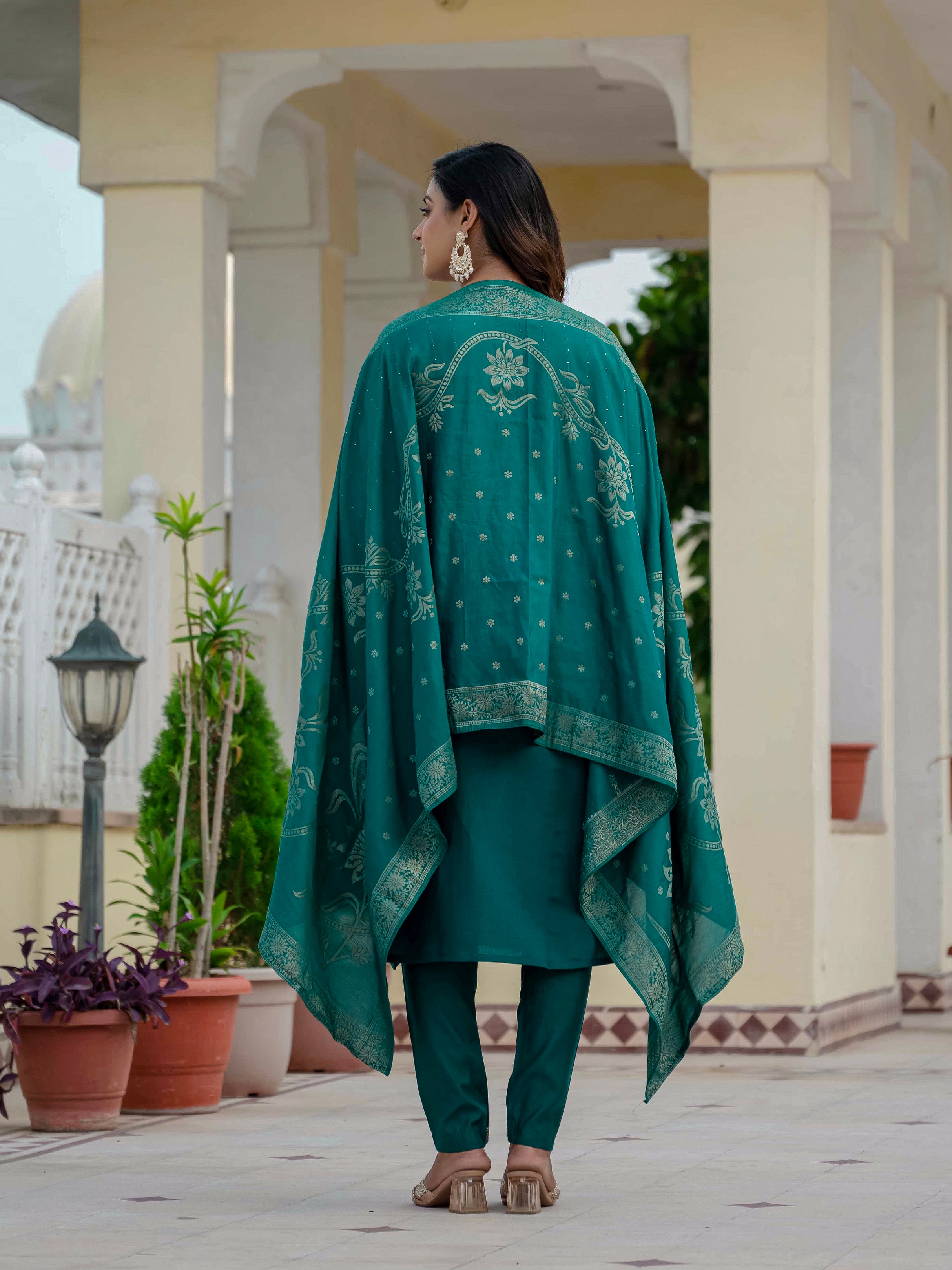 Vedant Vastram Roman Silk Embroidery & Sequence Work Stitched Kurta Pant Dupatta Set-Rama Green - Distacart