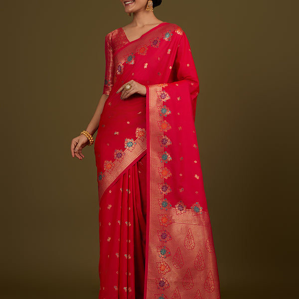 Monjolika Fashion Dark Pink Banarasi Silk Blend SareeWith Zari Woven Detailing - Distacart