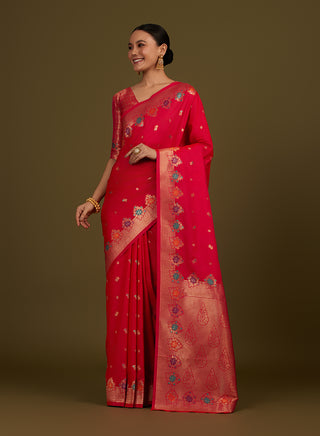 Monjolika Fashion Dark Pink Banarasi Silk Blend SareeWith Zari Woven Detailing - Distacart