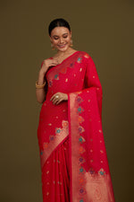 Thumbnail for Monjolika Fashion Dark Pink Banarasi Silk Blend SareeWith Zari Woven Detailing - Distacart