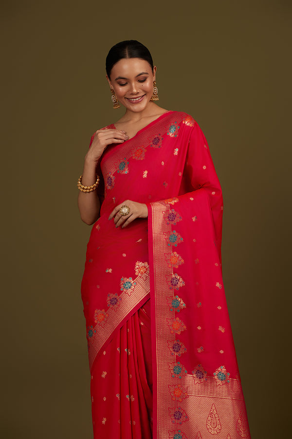 Monjolika Fashion Dark Pink Banarasi Silk Blend SareeWith Zari Woven Detailing - Distacart