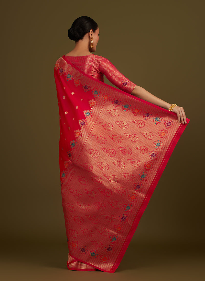 Monjolika Fashion Dark Pink Banarasi Silk Blend SareeWith Zari Woven Detailing - Distacart