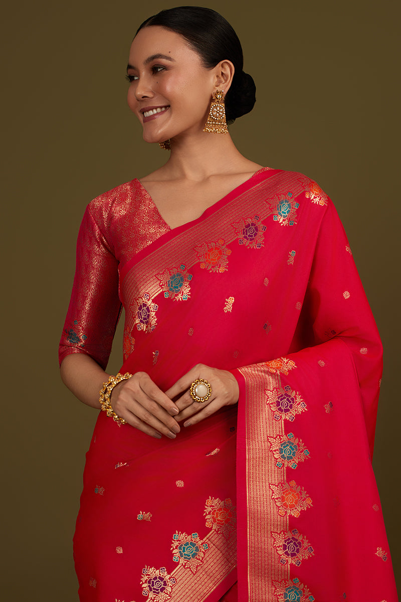 Monjolika Fashion Dark Pink Banarasi Silk Blend SareeWith Zari Woven Detailing - Distacart