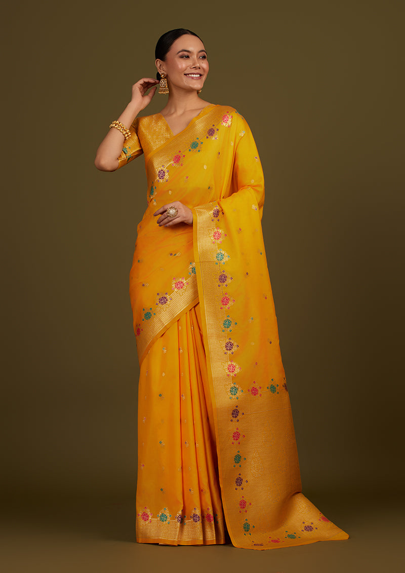 Monjolika Fashion Yellow Banarasi Silk Blend SareeWith Zari Woven Detailing - Distacart