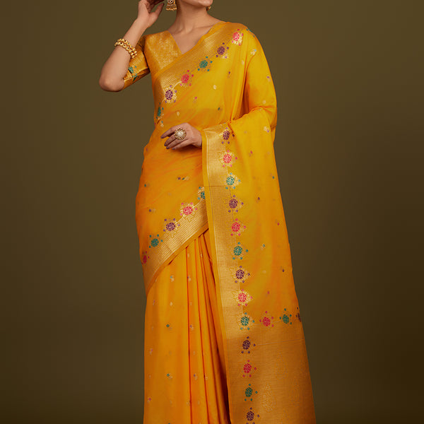 Monjolika Fashion Yellow Banarasi Silk Blend SareeWith Zari Woven Detailing - Distacart