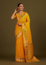 Thumbnail for Monjolika Fashion Yellow Banarasi Silk Blend SareeWith Zari Woven Detailing - Distacart