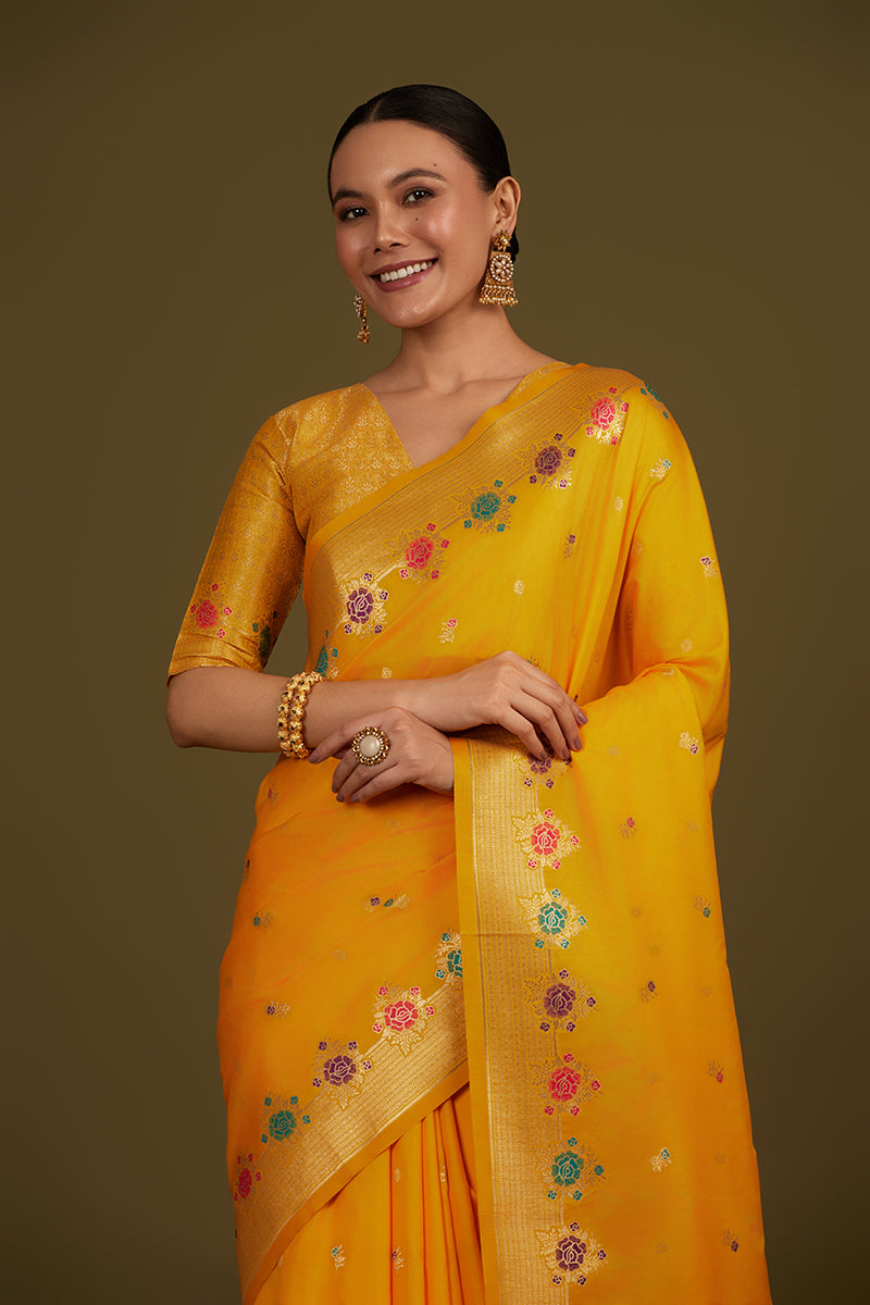 Monjolika Fashion Yellow Banarasi Silk Blend SareeWith Zari Woven Detailing - Distacart