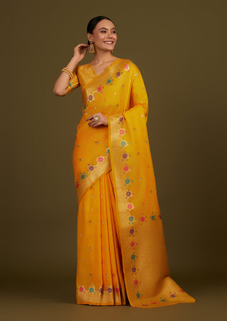 Monjolika Fashion Yellow Banarasi Silk Blend SareeWith Zari Woven Detailing - Distacart