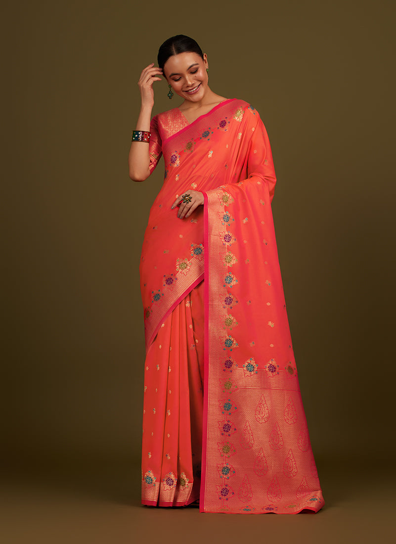 Monjolika Fashion Dark Peach Banarasi Silk Blend SareeWith Zari Woven Detailing - Distacart