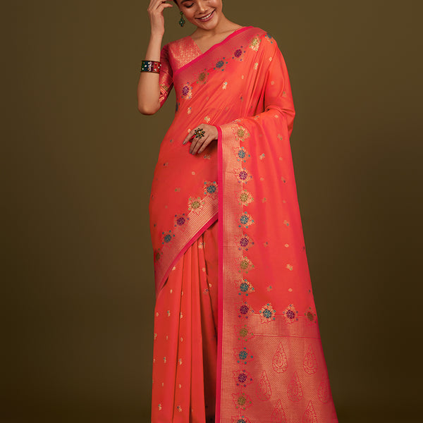 Monjolika Fashion Dark Peach Banarasi Silk Blend SareeWith Zari Woven Detailing - Distacart