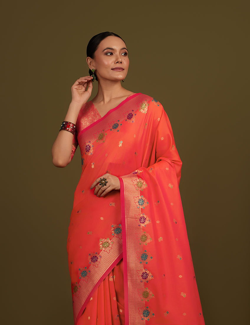 Monjolika Fashion Dark Peach Banarasi Silk Blend SareeWith Zari Woven Detailing - Distacart