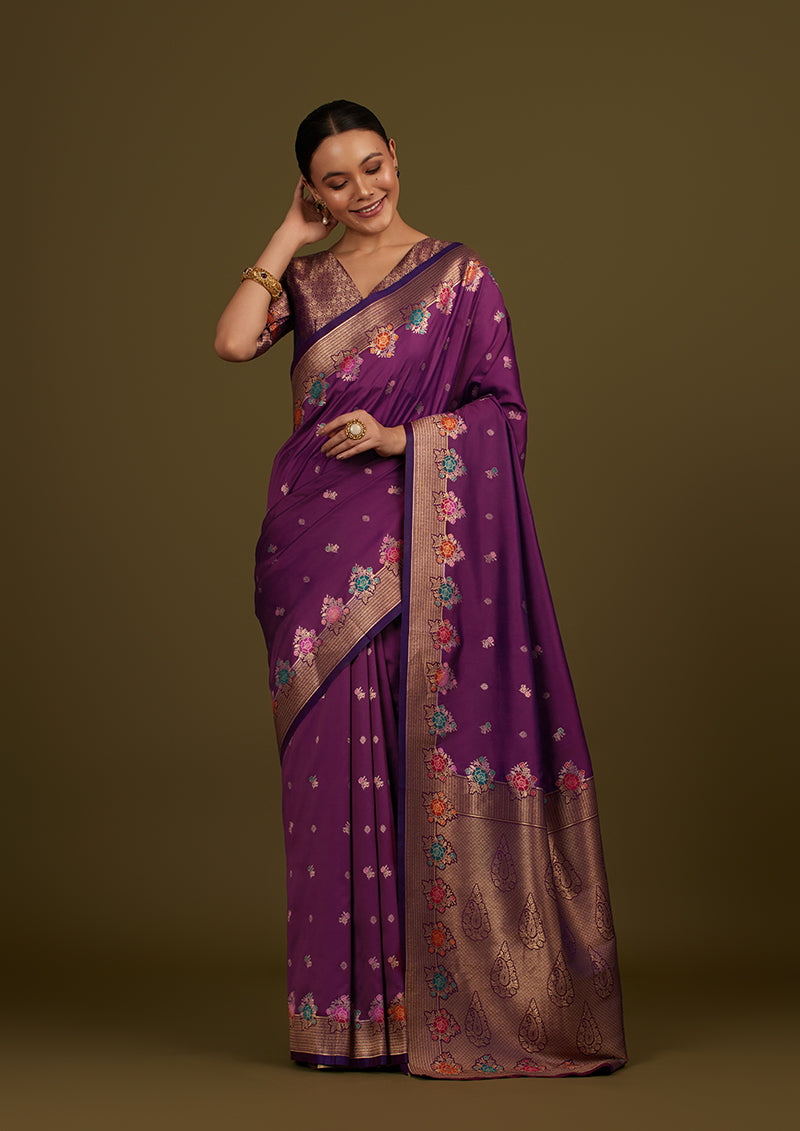 Monjolika Fashion Dark Violet Banarasi Silk Blend SareeWith Zari Woven Detailing - Distacart