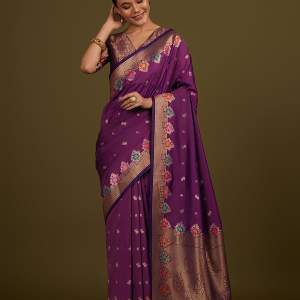 Monjolika Fashion Dark Violet Banarasi Silk Blend SareeWith Zari Woven Detailing - Distacart