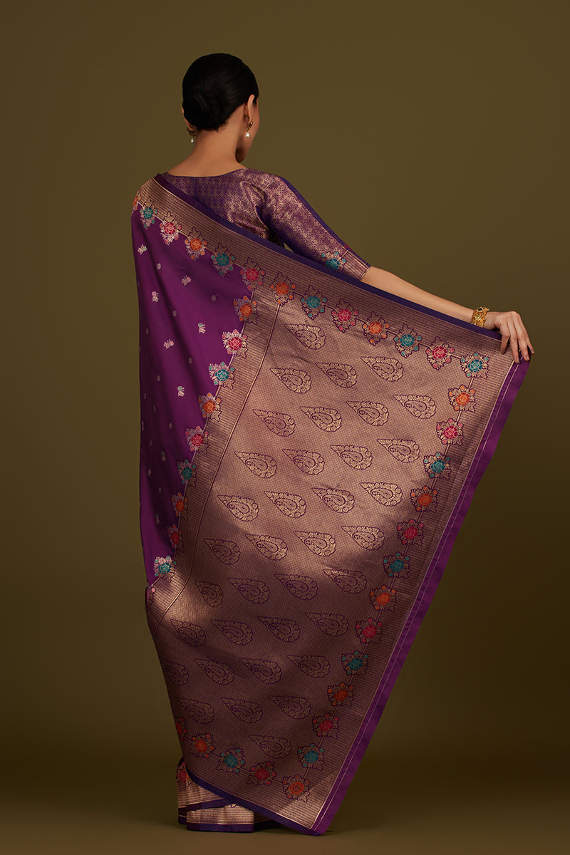 Monjolika Fashion Dark Violet Banarasi Silk Blend SareeWith Zari Woven Detailing - Distacart