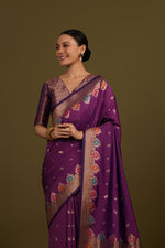 Thumbnail for Monjolika Fashion Dark Violet Banarasi Silk Blend SareeWith Zari Woven Detailing - Distacart