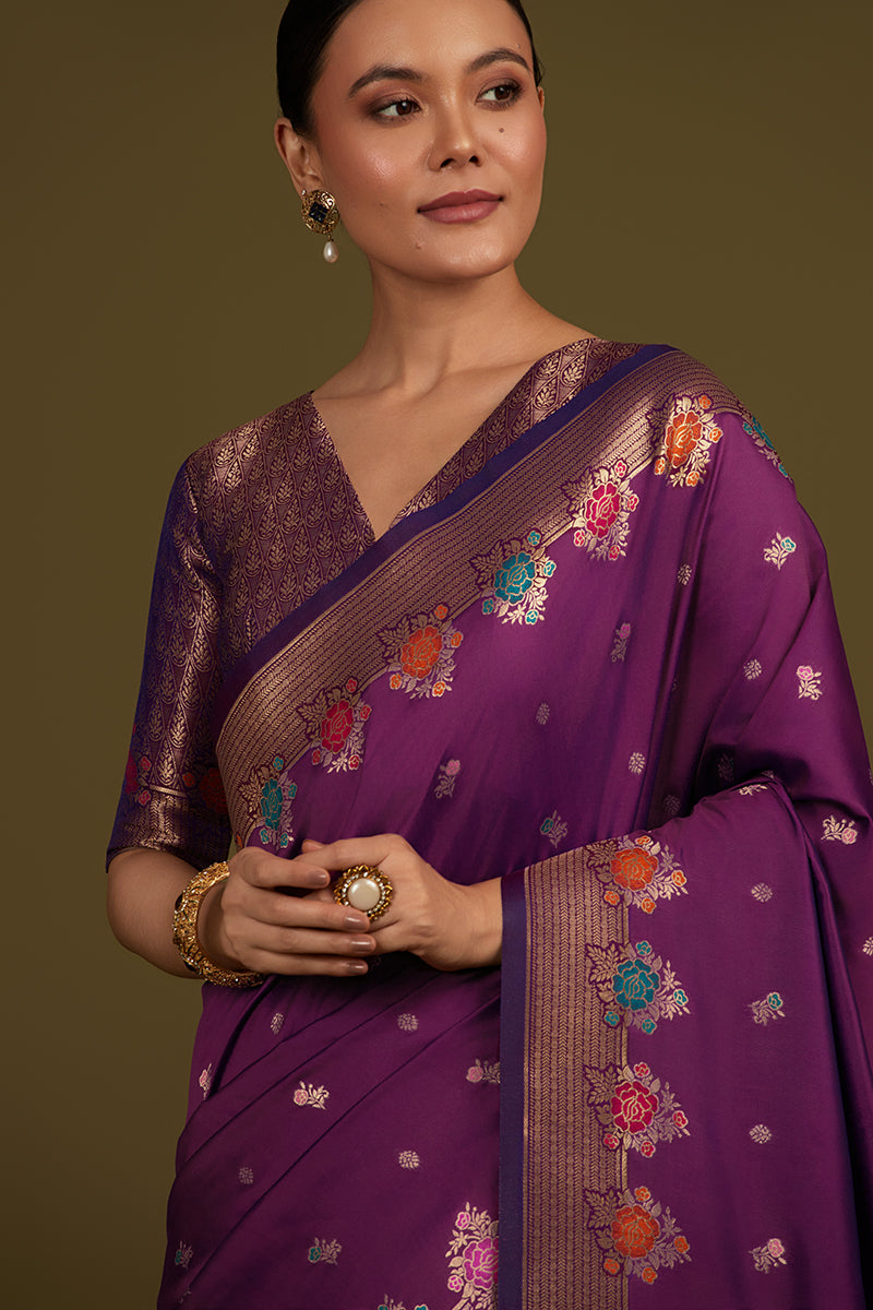 Monjolika Fashion Dark Violet Banarasi Silk Blend SareeWith Zari Woven Detailing - Distacart