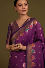 Thumbnail for Monjolika Fashion Dark Violet Banarasi Silk Blend SareeWith Zari Woven Detailing - Distacart