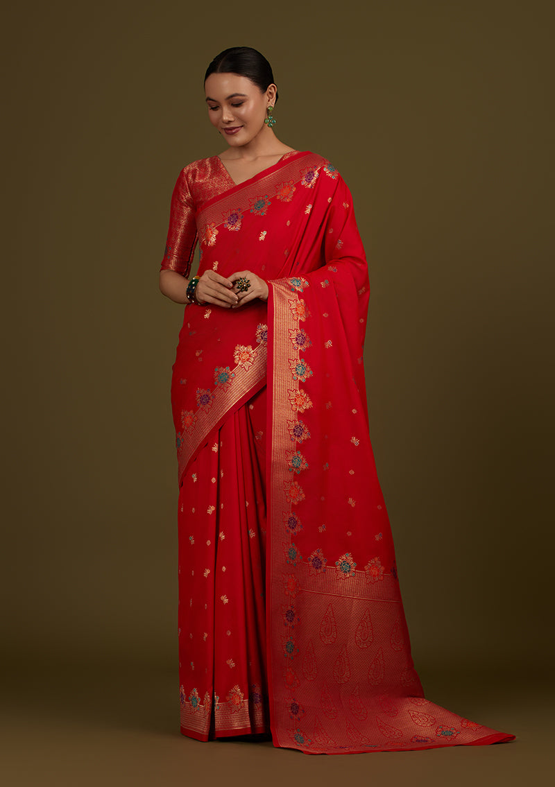 Monjolika Fashion Red Banarasi Silk Blend SareeWith Zari Woven Detailing - Distacart
