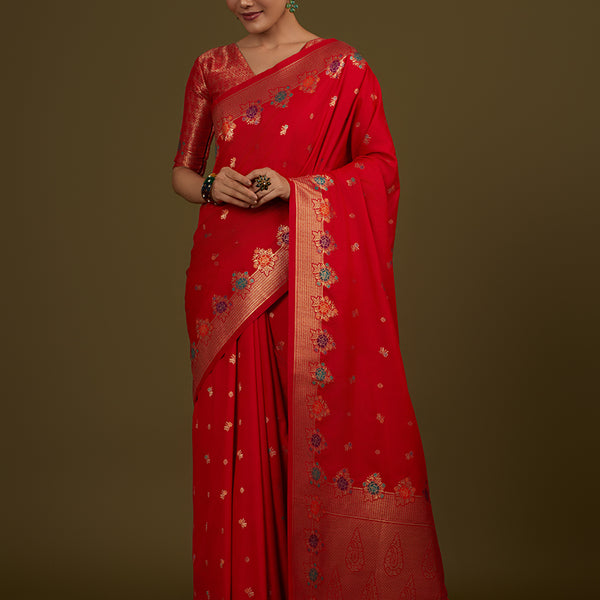 Monjolika Fashion Red Banarasi Silk Blend SareeWith Zari Woven Detailing - Distacart