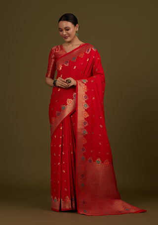Monjolika Fashion Red Banarasi Silk Blend SareeWith Zari Woven Detailing - Distacart