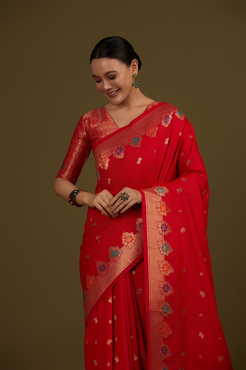 Monjolika Fashion Red Banarasi Silk Blend SareeWith Zari Woven Detailing - Distacart