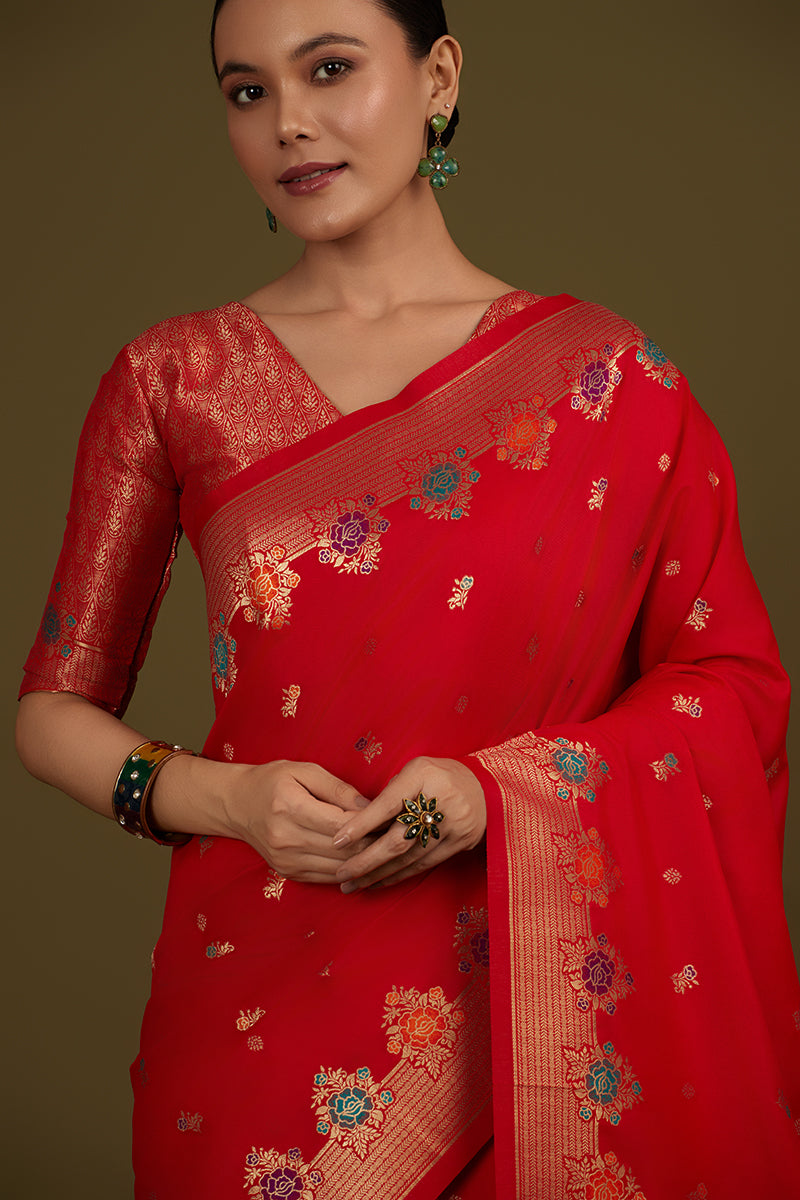 Monjolika Fashion Red Banarasi Silk Blend SareeWith Zari Woven Detailing - Distacart