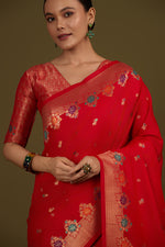 Thumbnail for Monjolika Fashion Red Banarasi Silk Blend SareeWith Zari Woven Detailing - Distacart
