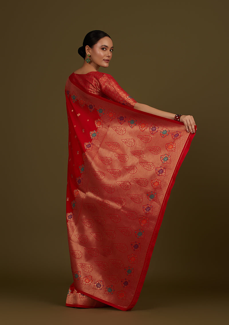 Monjolika Fashion Red Banarasi Silk Blend SareeWith Zari Woven Detailing - Distacart