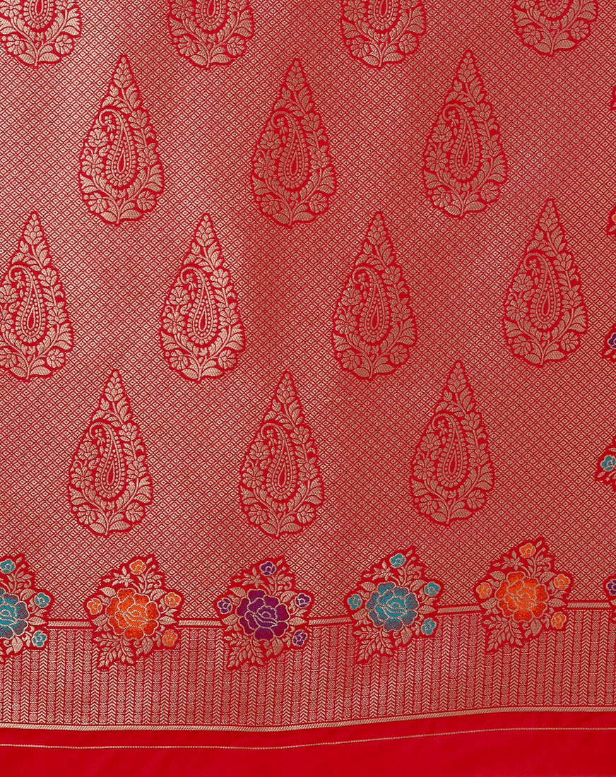 Monjolika Fashion Red Banarasi Silk Blend SareeWith Zari Woven Detailing - Distacart