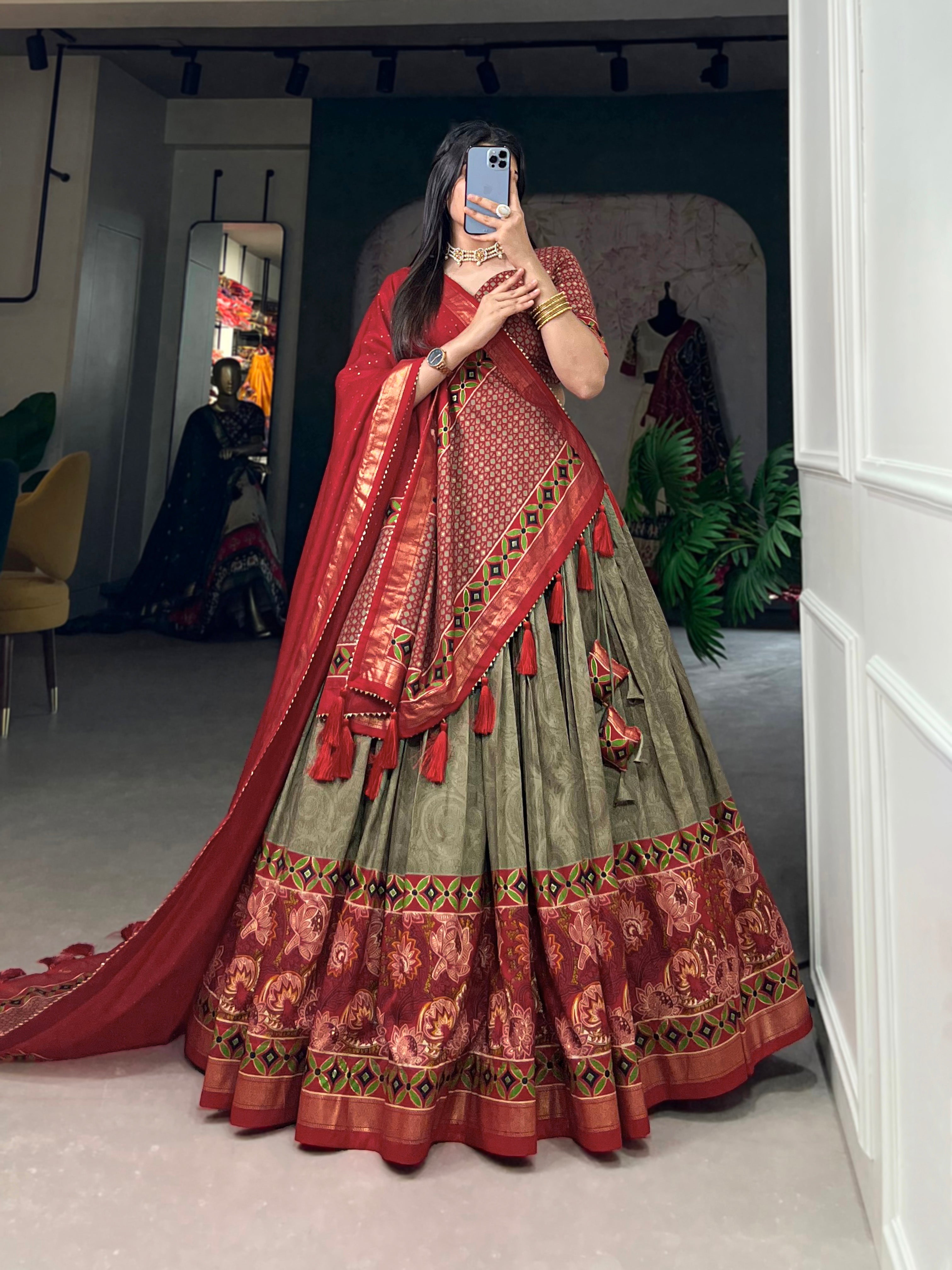 Lorenvalley Maroon and Brown Tussar Silk Floral Print with Foil Printed Lehenga Choli - Distacart
