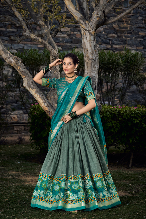 Lorenvalley Seagreen Tussar Silk Floral Print with Foil Printed Lehenga Choli - Distacart