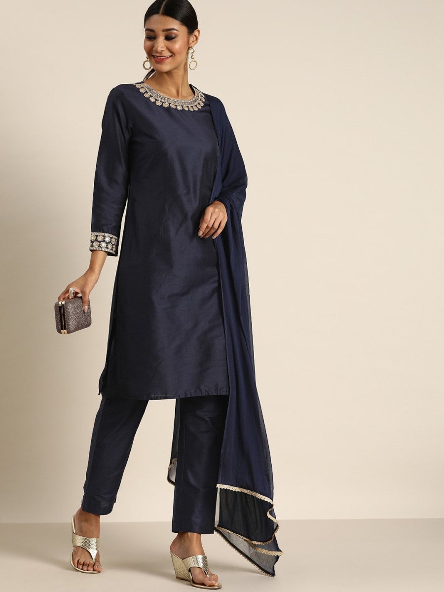 All About You Women Navy Blue & Golden Satin Finish Kurta with Trousers & With Dupatta - Distacart