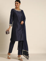 Thumbnail for All About You Women Navy Blue & Golden Satin Finish Kurta with Trousers & With Dupatta - Distacart