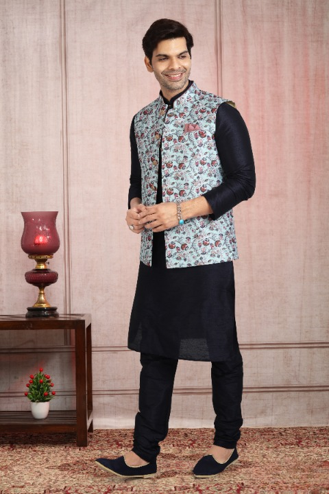 Raivat Ethnic Art Banarasi Silk Printed Work 3 Pics Jacket Set In Sky Blue Colour - Distacart