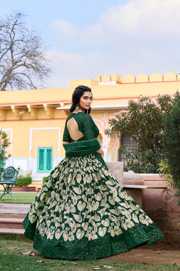 Lorenvalley Green Tussar Silk Floral Printed with Foil Printed Lehenga Choli - Distacart