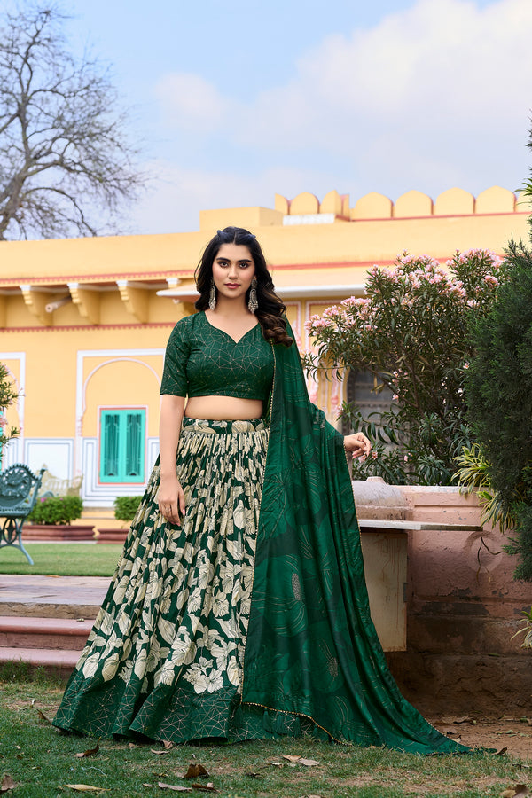 Lorenvalley Green Tussar Silk Floral Printed with Foil Printed Lehenga Choli - Distacart