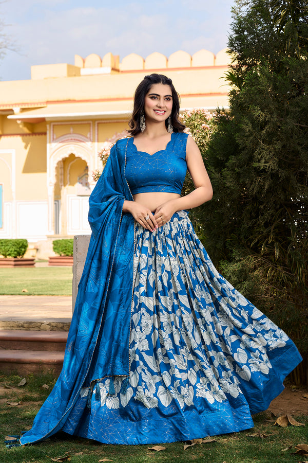 Lorenvalley Blue Tussar Silk Floral Printed with Foil Printed Lehenga Choli - Distacart