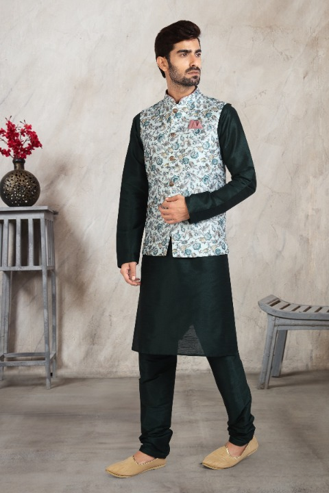 Raivat Ethnic Art Banarasi Silk Printed Work 3 Pics Jacket Set In Pista Green Colour - Distacart