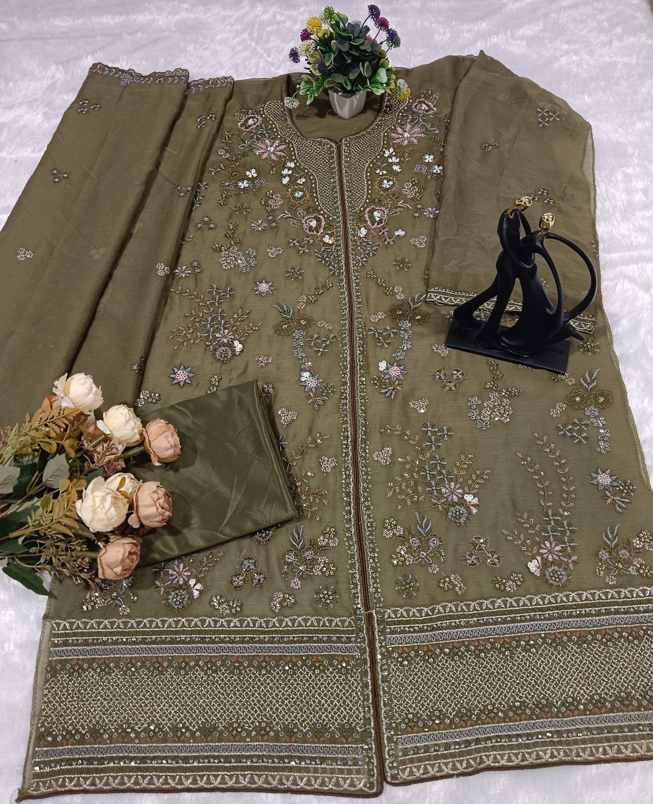 Anaita Mehndi Chiffon Suit With Embroidery Work - Dista