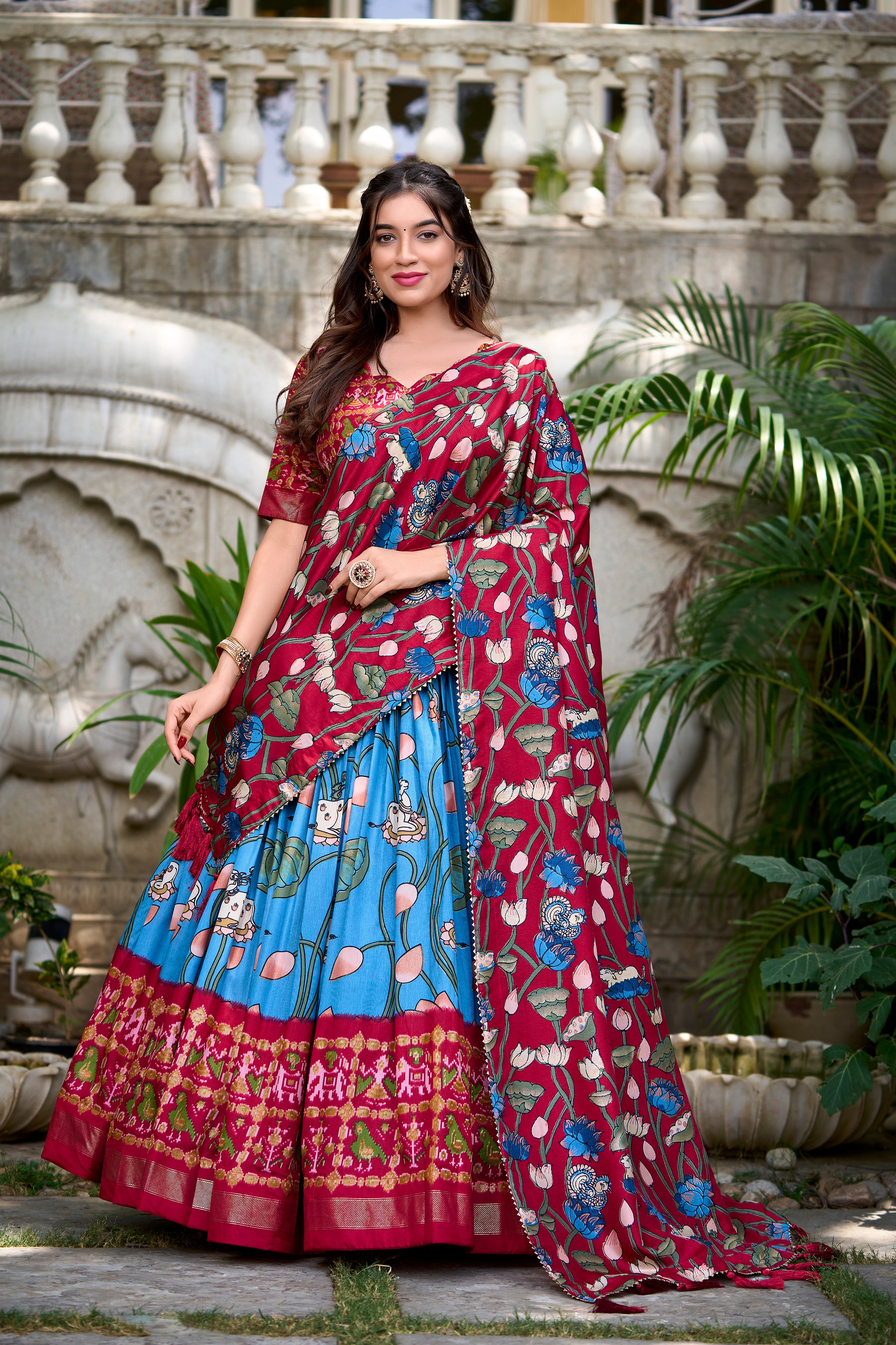 Lorenvalley Firozi Tussar Silk Pichwai With Patola Print And Zari Weaving Border Lehenga Choli with Dupatta - Distacart