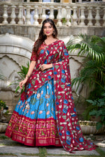 Thumbnail for Lorenvalley Firozi Tussar Silk Pichwai With Patola Print And Zari Weaving Border Lehenga Choli with Dupatta